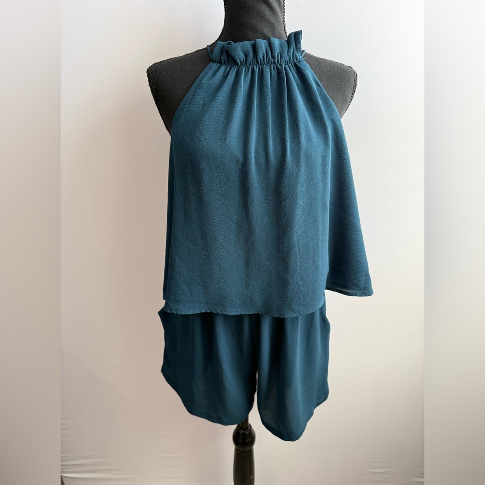 Vici‎ Dolls Pick Up Line Pocketed Sleeveless Dark Teal Halter Romper